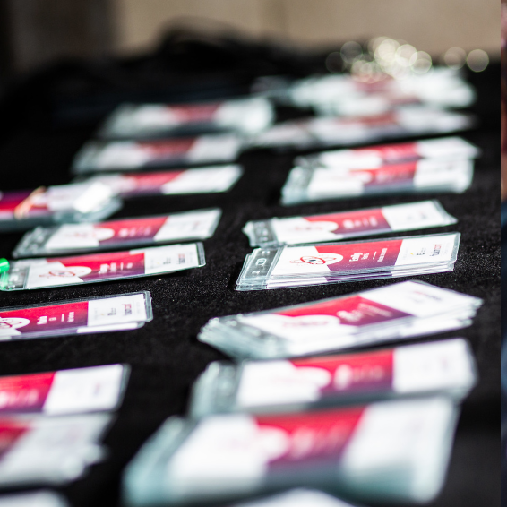 Conference badges on table